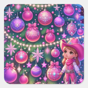 Little Cowgirl Standing In Front Of Tree Christmas Square Sticker