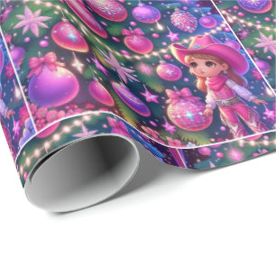 Little Cowgirl Standing In Front Of Tree Christmas Wrapping Paper