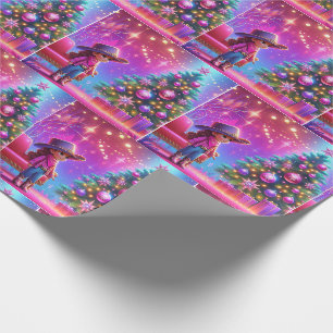 Little Cowgirl Standing In Front Of Tree Christmas Wrapping Paper