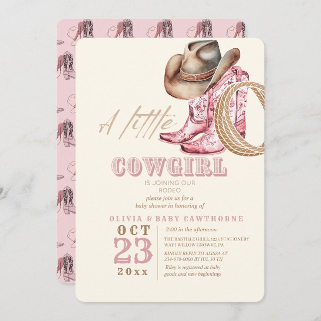 Little Cowgirl Western Baby Girl shower Blush pink Invitation (Front/Back)