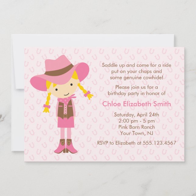 Little Cowgirl Western Girls Birthday Party Invitation (Front)