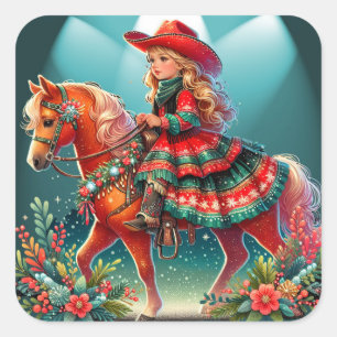 Little Cowgirl With Christmas Costume On Horse Square Sticker