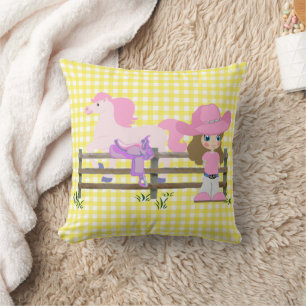 Little Cowgirl With Horse Fence and Saddle Cushion
