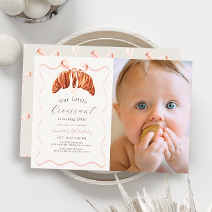 Little Croissant Pink Bow Girl Photo 1st Birthday Invitation