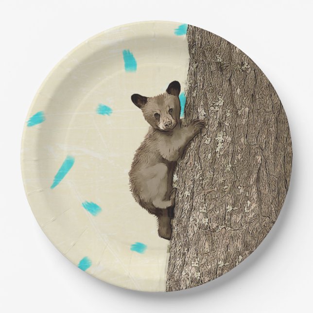 Little Cub Bear Climbing Tree Paper Plate (Front)