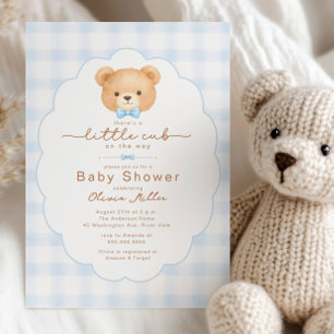Little Cub Blue Gingham Baby Shower Invite