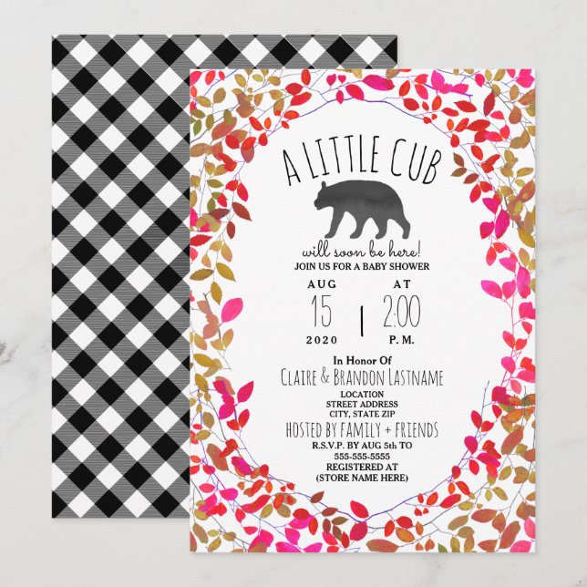 Little Cub Girly Greenery Plaid Baby Shower Invitation (Front/Back)