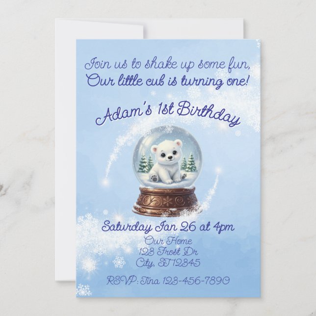 Little Cub One, Polar Bear Snow Globe Birthday Invitation (Front)