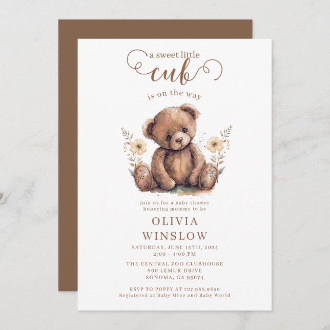 Little Cub Watercolor Teddy Bear Baby Shower Invitation (Front/Back)