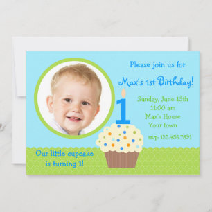 Little cupcake Boy Photo Birthday Invitations