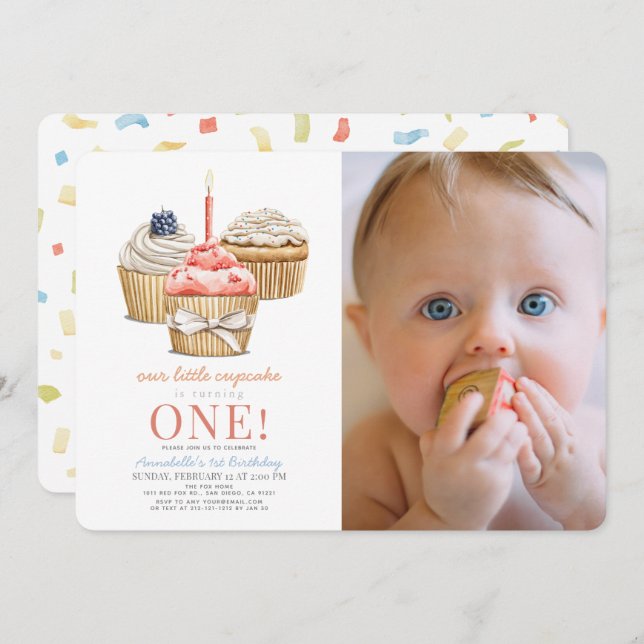Little Cupcake Girl 1st Birthday Photo Invitation (Front/Back)