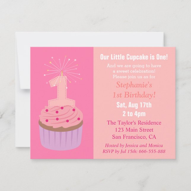 Little Cupcake is One, First Birthday Party, Pink Invitation (Front)