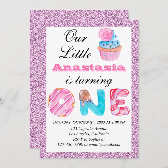 Little Cupcake Pink Lilac Glitter 1st Birthday One Invitation (Front/Back)