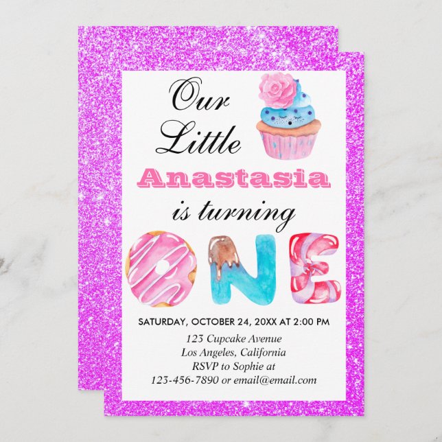 Little Cupcake Purple Glitter 1st Birthday One Invitation (Front/Back)