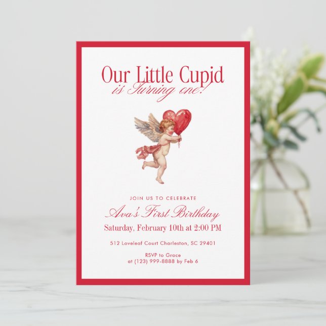 Little Cupid First Birthday Valentine Invitation (Standing Front)