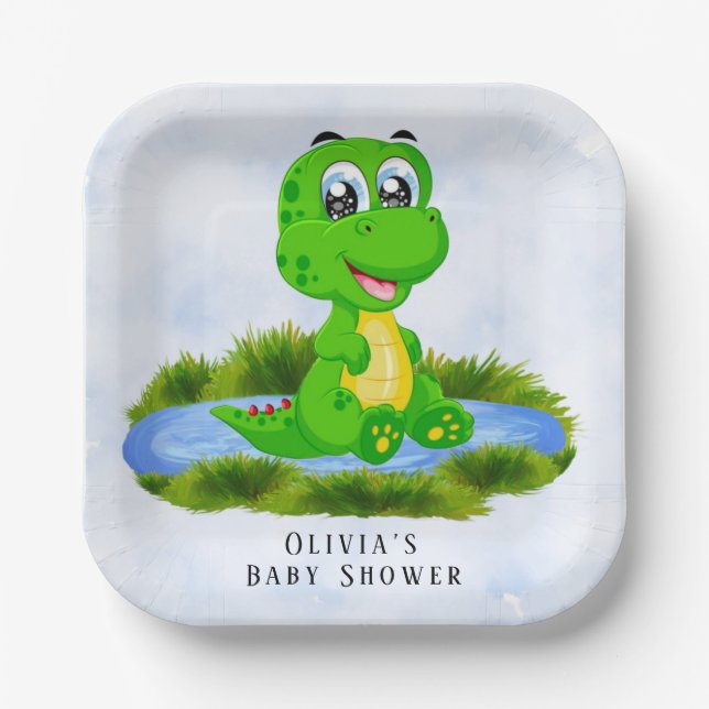 Little Cute Alligator in Pond Baby Shower Custom Paper Plate (Front)
