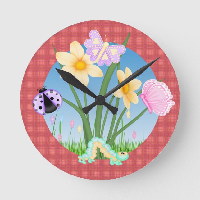 Little Cute Bugs Butterfly Caterpillar LadyBug Round Clock (Front)