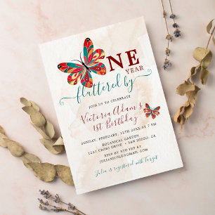 Little Cute Butterfly Flutter Photo First Birthday Invitation