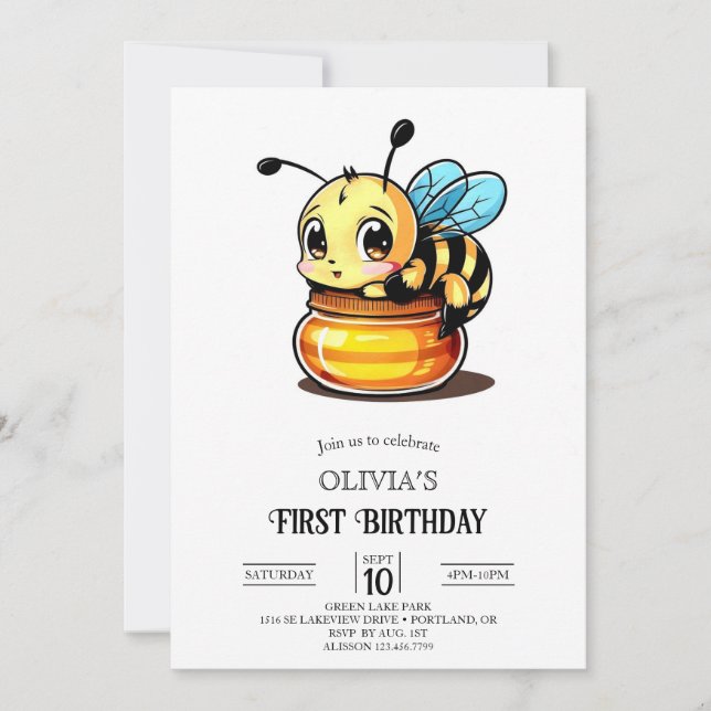 Little Cute Digital Bee 1st Birthday Invitation (Front)