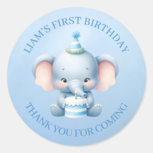 Little Cute Elephant 1st Birthday Thank You Blue Classic Round Sticker