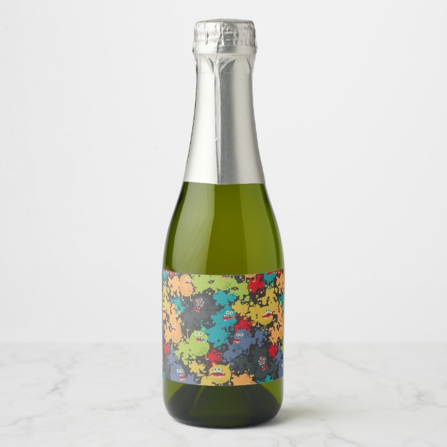 Little cute funny monsters sparkling wine label (Front)