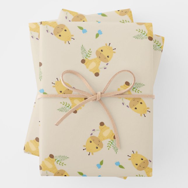Little cute giraffe floral light brown wrapping paper sheet (In situ)