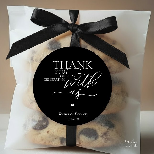 Little Cute Heart, With Huge Love Thank You Gifts  Classic Round Sticker (Modern Boho Wedding little Cute Heart Huge Love Thank You Gifts Classic Round Sticker in Black White)