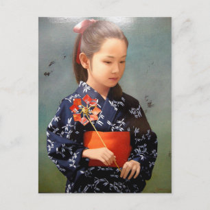 LIttle cute japanese girl kimono portrait painting Postcard