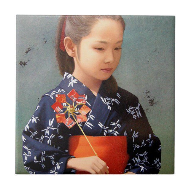 LIttle cute japanese girl kimono portrait painting Tile (Front)