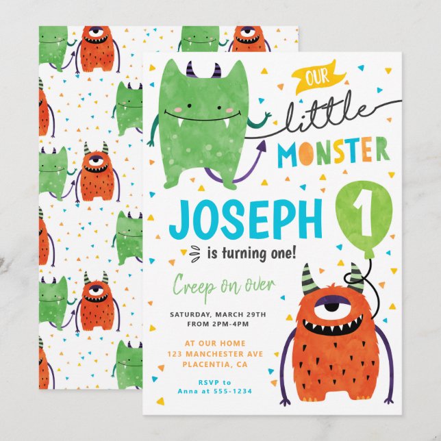 Little Cute Monster Birthday Party  Invitation (Front/Back)