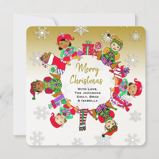 Little Cute Whimsical Elves and Candy Gold Card (Front)