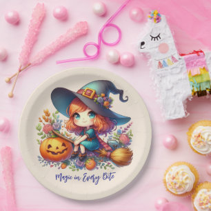 little cute witch dressed in blue, Halloween Paper Plate