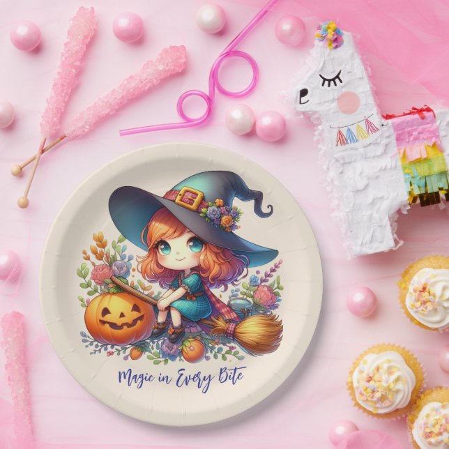 little cute witch dressed in blue, Halloween Paper Plate (Party)