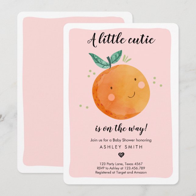 Little Cutie Baby Shower Clementine Pink Girl Invitation (Front/Back)