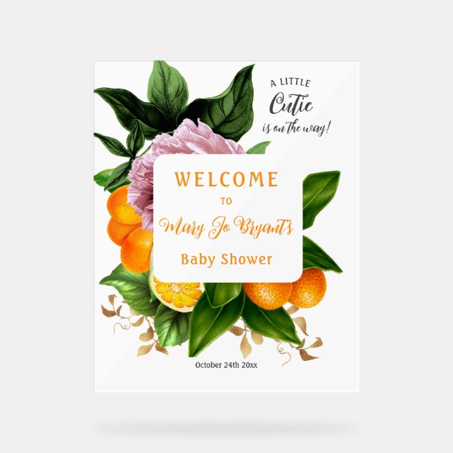 Little Cutie Baby Shower Floral and Fruit Acrylic Sign (Front)