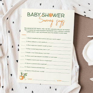 Little Cutie Citrus Baby Shower Survey Says Card