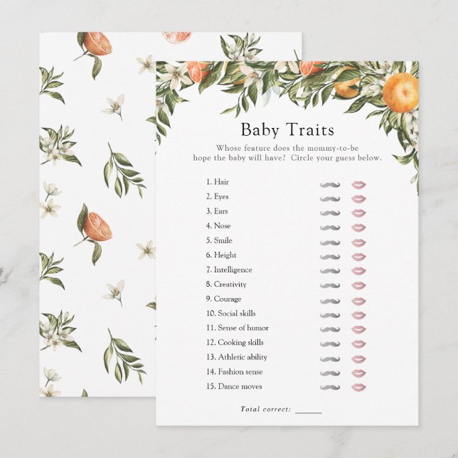 Little Cutie Citrus Baby Traits Shower Game Invitation (Front/Back)