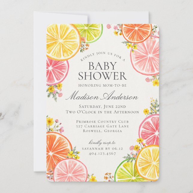 Little Cutie Citrus Floral Orange Baby Shower Invitation (Front)
