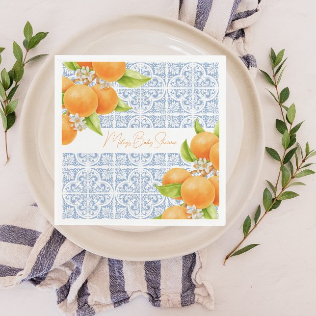 Little Cutie | Citrus Mediterranean Tiles Cute Napkin (Little Cutie | Personalized Baby Shower Napkins)