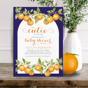 Little Cutie Citrus Orange Navy Blue Baby Shower Invitation