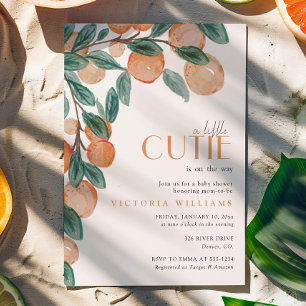 Little Cutie Citrus Oranges Green Leaf Baby Shower Invitation