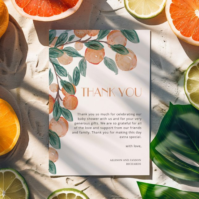 Little Cutie Citrus Oranges Green Leaf Baby Shower Thank You Card (Creator Uploaded)