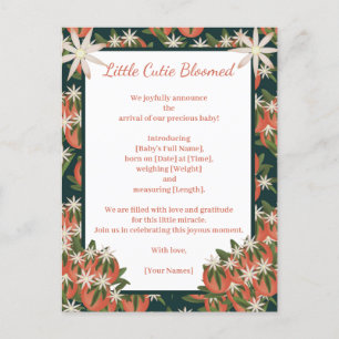 Little Cutie Clementine  Citrus Theme Birth Announcement Postcard