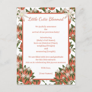 Little Cutie Clementine Citrus Theme Birth Announcement Postcard