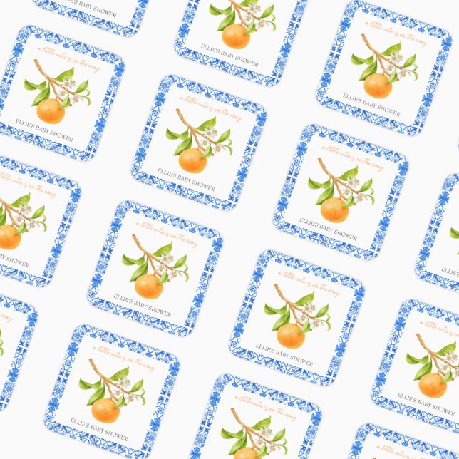 Little Cutie | Clementines & Tiles Baby Shower Square Sticker (A Little cutie is on the way | Personalized Baby Shower Stickers)