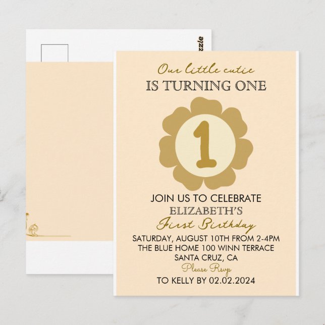 Little Cutie Gold Floral 1st Birthday Invitation C Postcard (Front/Back)