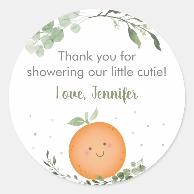 Little Cutie Greenery Baby Shower Thank You Classic Round Sticker (Front)