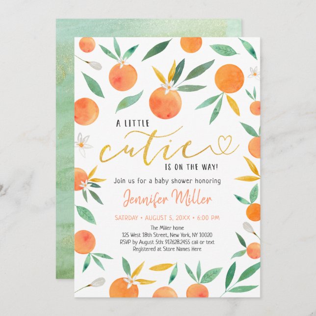 Little Cutie Greenery Gold Baby Shower Invitation (Front/Back)