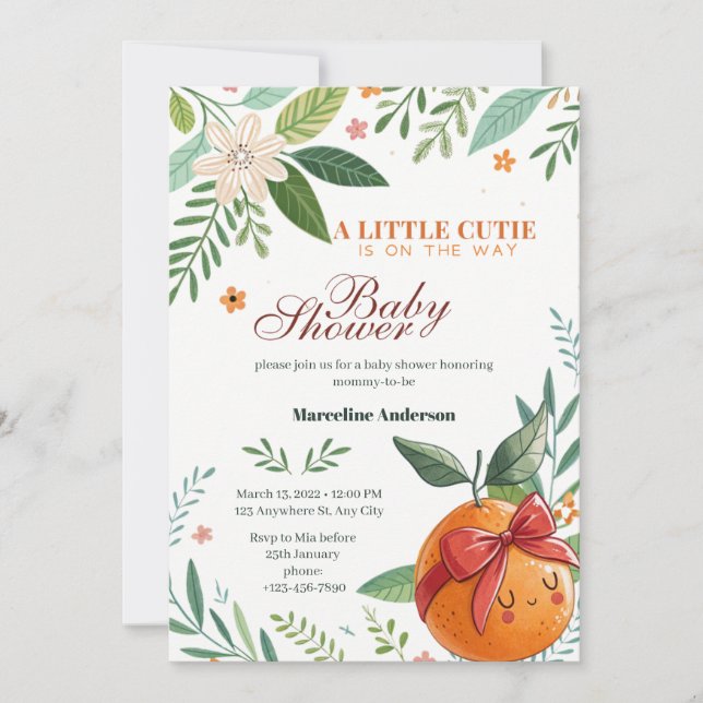 Little Cutie is On the Way Grapefruit Coquette  Invitation (Front)