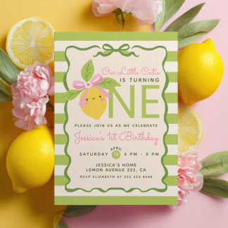 Little Cutie Lemon Fruit Green 1st Birthday Party Invitation